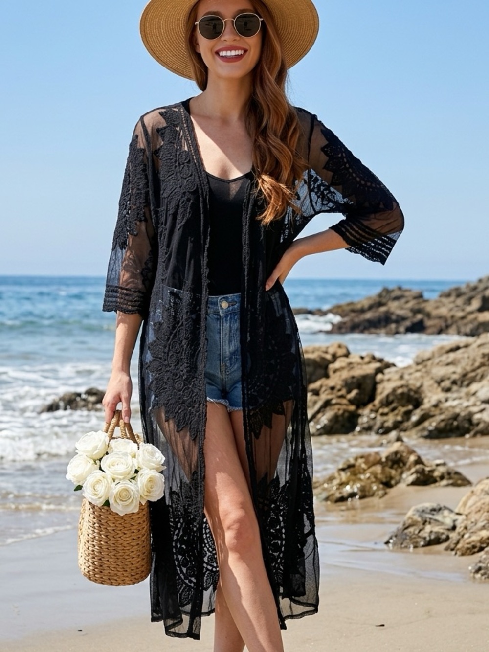 Rachel Zoe Black Sheer Lace Beach Kimono Cover-Up